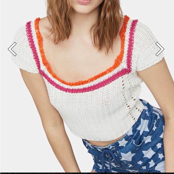 🏷️ BNWT deLiA*s x Dolls Kill Ivory Crochet Crop Top Pink & Orange Stripes~Sz M - Picture 5 of 13